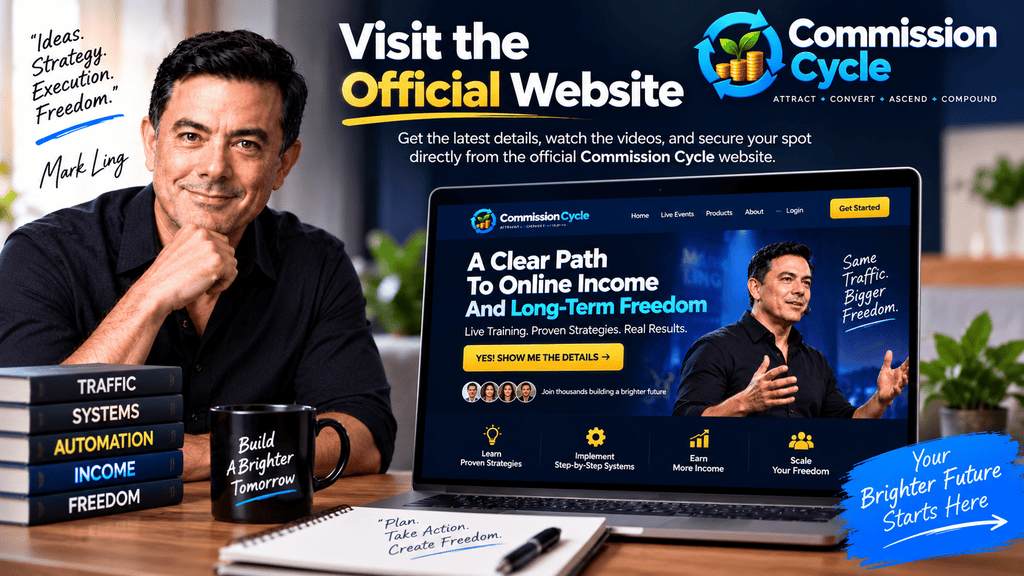 Commission Cycle official website page with Mark Ling, affiliate marketing training, automation tools, online income strategy and program access