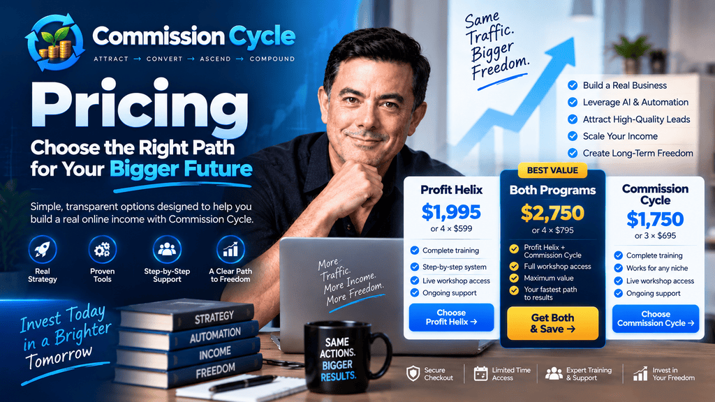 Commission Cycle pricing page hero showing program options, affiliate marketing training, AI automation, growth strategy, and Mark Ling