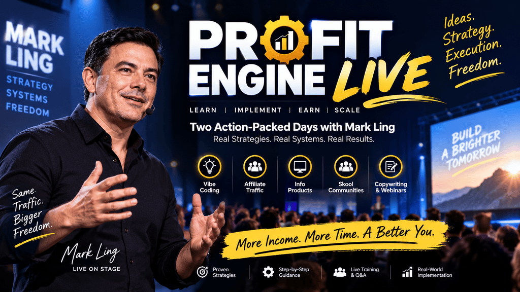 Profit Engine Live 2026 with Mark Ling covering affiliate traffic, digital products, communities, copywriting, webinars and online business strategies